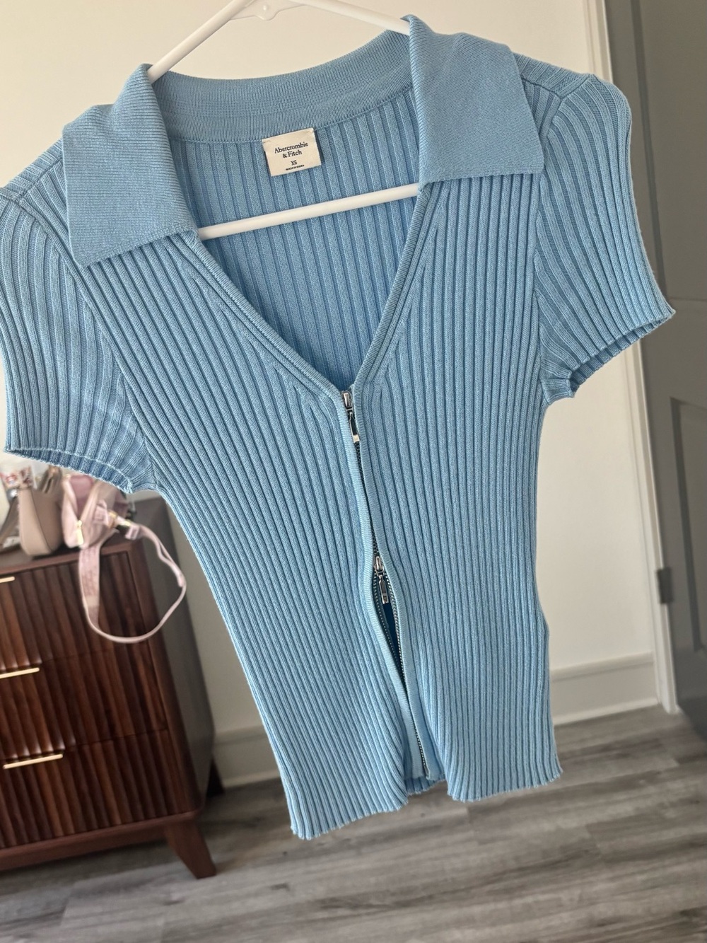 Abercrombie & Fitch Sky Blue Ribbed Zip Polo Tee